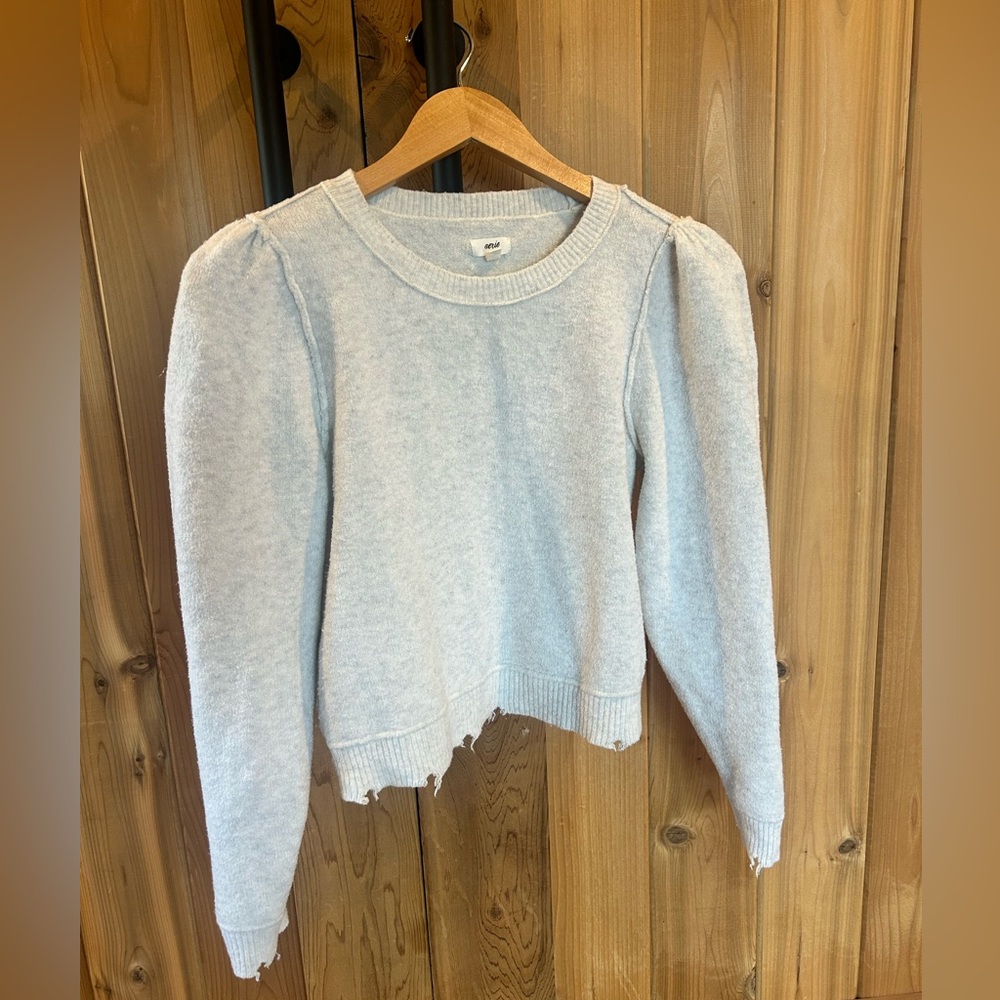Light Gray Puff Sleeve Distressed Sweater